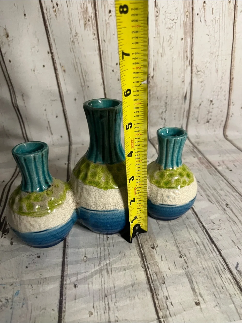 Three Flower Bud Vase Cluster Teal Multiple Colors Textured Pottery
